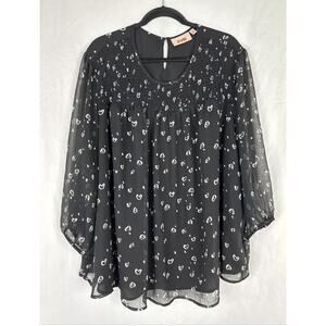 EVRI Top Blouse Women’s Black Lined‎ Plus Size 4X White Hearts 3/4 Sheer Sleeves